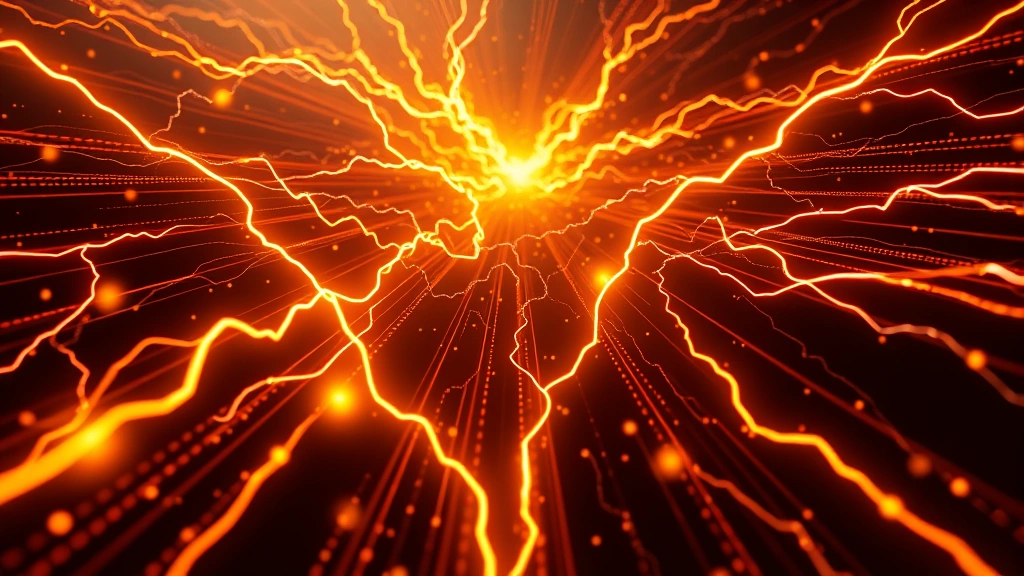 Realistic visualization of Bitcoin transactions flowing through multiple channels simultaneously, showing scalability and speed improvements, lightning bolts and data streams in amber tones, no text or charts