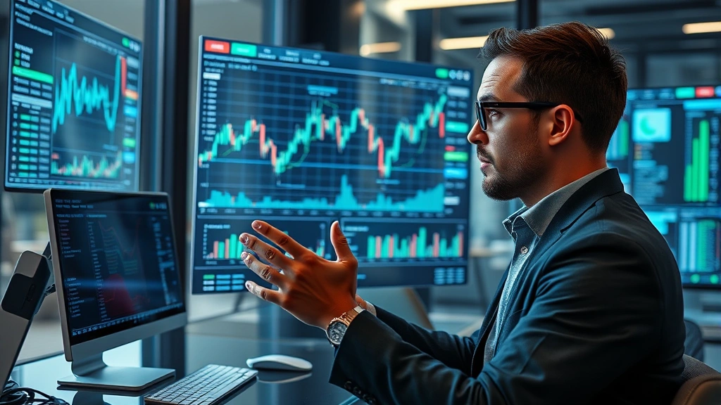 Cryptocurrency analyst reviewing market data on holographic display, modern tech environment with blockchain visualizations, professional atmosphere, photorealistic, no text or charts