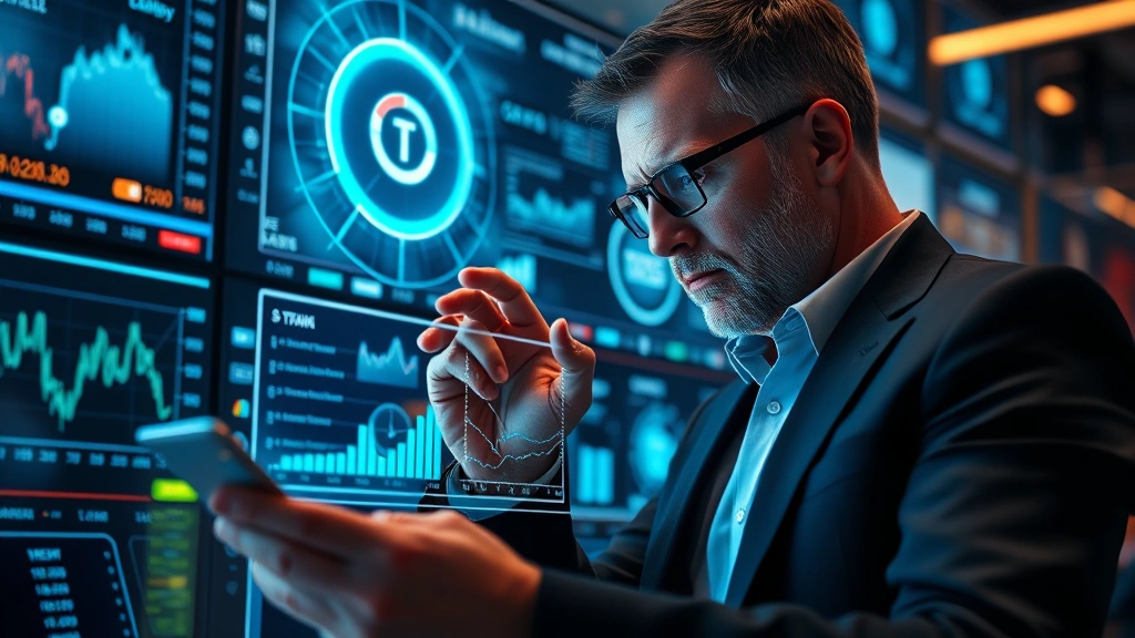 Photorealistic scene of a professional investor analyzing holographic data displays showing cryptocurrency metrics and network statistics in a high-tech trading environment