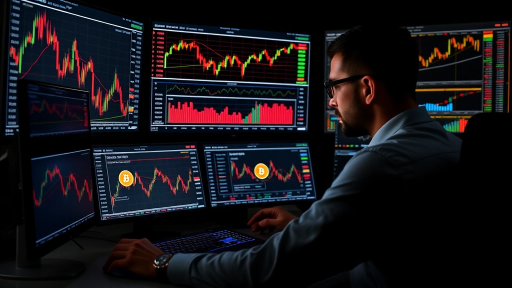 Professional cryptocurrency trader analyzing Bitcoin charts on multiple screens, blockchain network nodes, digital asset portfolio management, no text