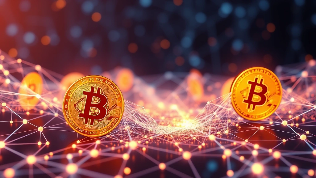 Abstract visualization of Bitcoin flowing through multiple blockchain networks simultaneously, showing interoperability and cross-chain bridges with holographic effects