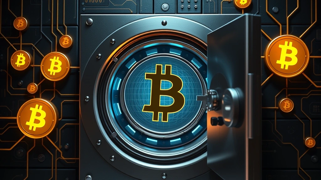Photorealistic image of a secure digital vault with Bitcoin symbols and network connections, representing Bitcoin security and decentralized architecture, professional lighting, no text