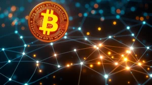 Photorealistic image of a glowing Bitcoin coin floating above a digital blockchain network visualization with interconnected nodes and light trails, representing decentralized financial technology and cryptocurrency infrastructure