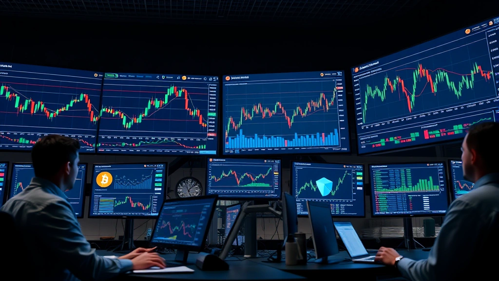 Photorealistic image of a modern investment portfolio displayed on multiple screens with Bitcoin charts, traditional assets, and diversified holdings, showing institutional-grade trading floor environment with professional traders