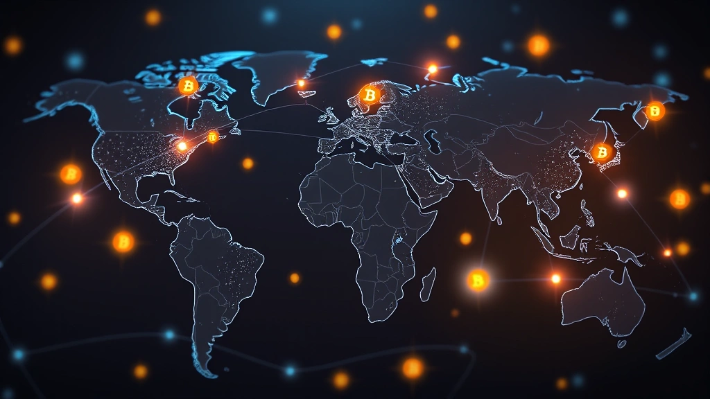 Photorealistic image of a global financial network connecting different continents with Bitcoin symbols and light pulses, representing worldwide cryptocurrency adoption and cross-border transactions in modern fintech landscape