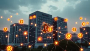 Digital visualization of Bitcoin blockchain network with interconnected nodes, glowing cryptocurrency symbols, institutional financial buildings in background, modern fintech aesthetic, no text overlay