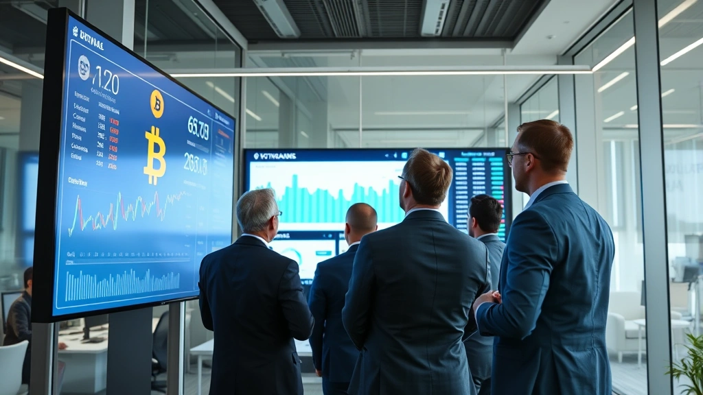 Institutional investors in modern office reviewing cryptocurrency portfolio data on large displays, professional environment, Bitcoin logos visible, collaborative business atmosphere, photorealistic