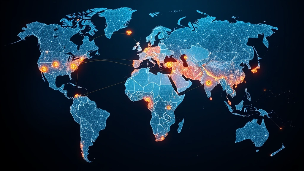 Global cryptocurrency exchange network visualization showing Bitcoin transfers across continents with flowing data streams, digital globe, blockchain infrastructure representation, no charts or tickers