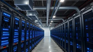 Industrial Bitcoin mining facility with hundreds of ASIC miners arranged in rows, blue LED indicators illuminated, industrial cooling systems visible overhead, modern warehouse setting with concrete floors and metal racks