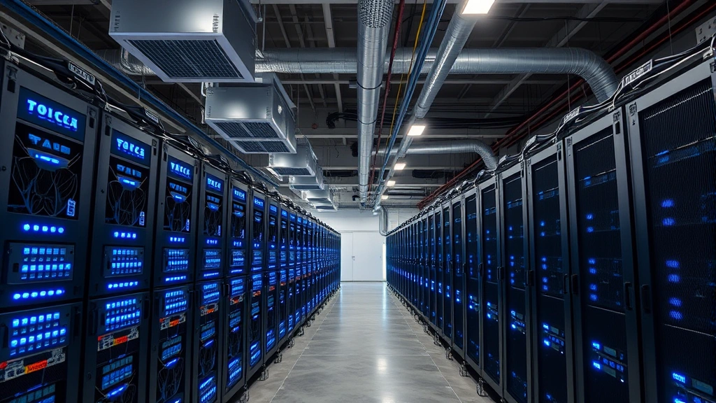 Industrial Bitcoin mining facility with hundreds of ASIC miners arranged in rows, blue LED indicators illuminated, industrial cooling systems visible overhead, modern warehouse setting with concrete floors and metal racks
