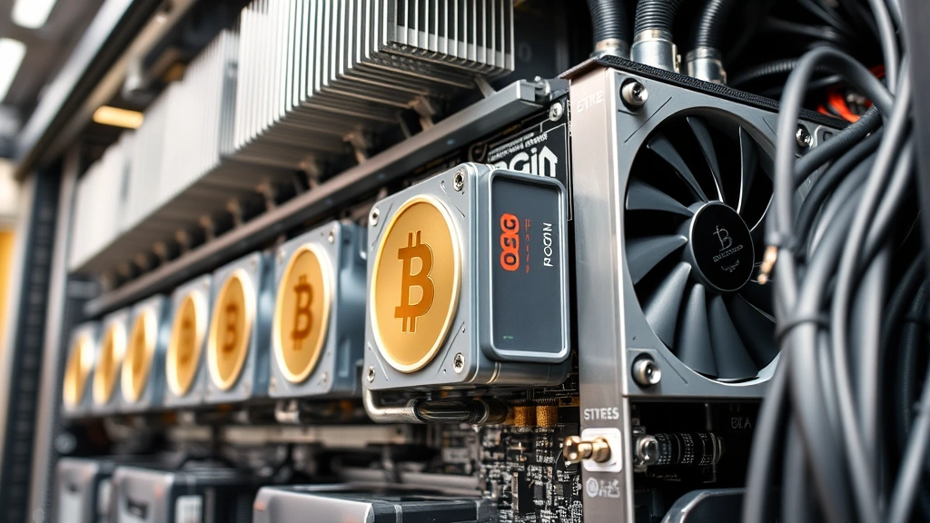 Bitcoin mining hardware close-up showing modern ASIC miner with exposed circuit boards, metallic heat sinks, multiple cooling fans, and power connectors in professional mining operation environment