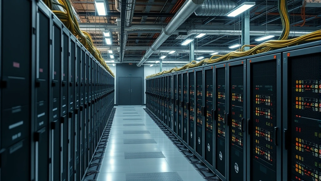 Large-scale Bitcoin mining farm with rows of specialized computing equipment, cooling systems visible, industrial warehouse setting with ambient lighting