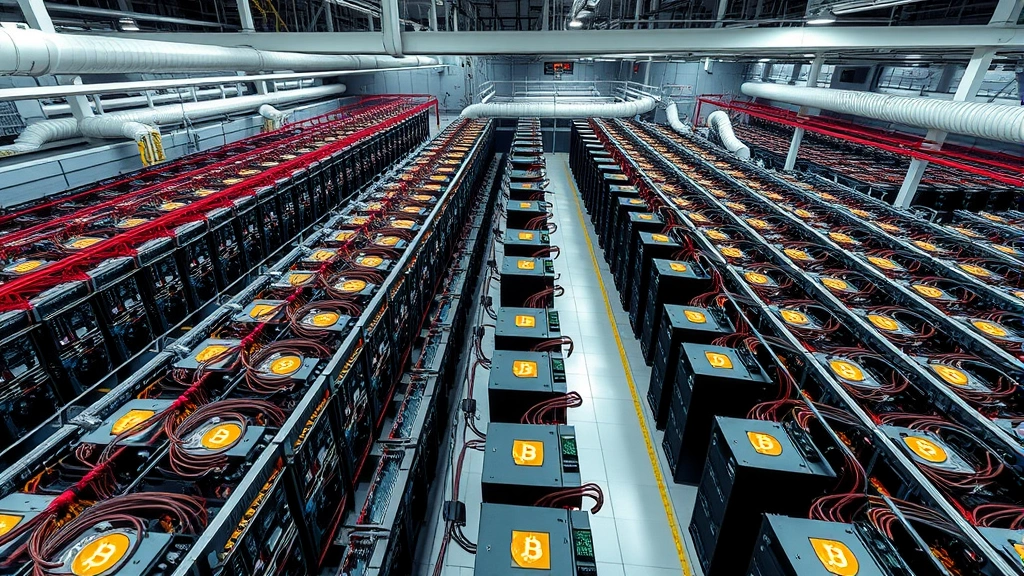 Overhead view of large-scale Bitcoin mining operation with organized rows of mining equipment, visible power infrastructure, cooling ducts, and multiple miners operating simultaneously in industrial facility