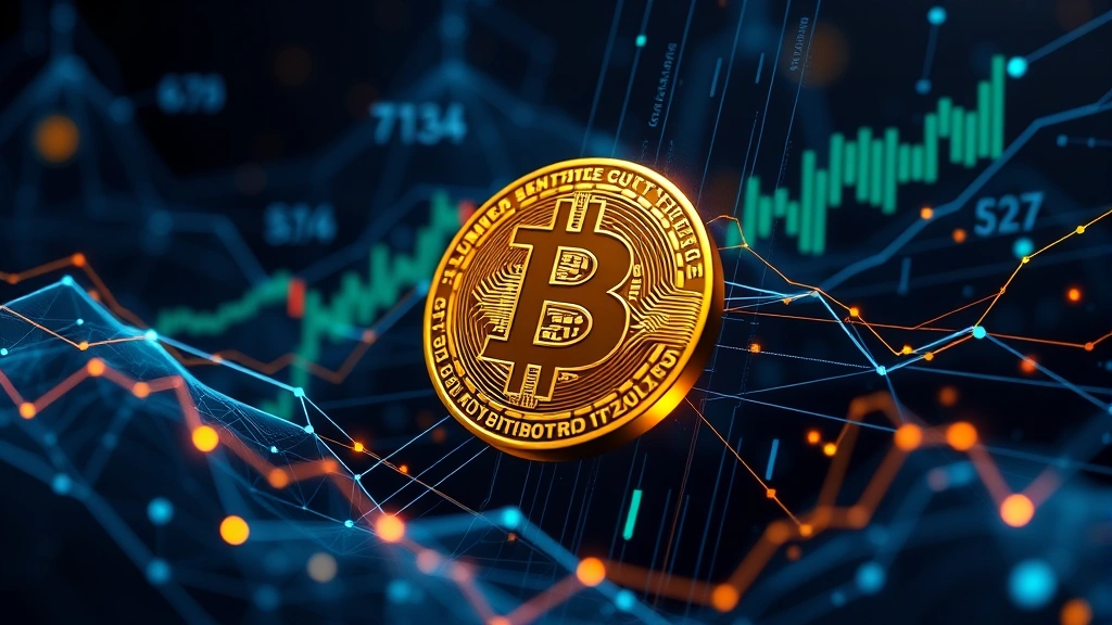 Bitcoin symbol integrated with financial charts and mining difficulty metrics, abstract visualization of blockchain network nodes and computational power flowing