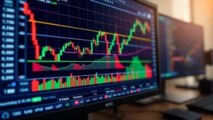 Close-up photograph of a computer screen displaying Bitcoin price chart with candlestick patterns, moving averages, and technical indicators in real-time trading interface with professional trading desk environment