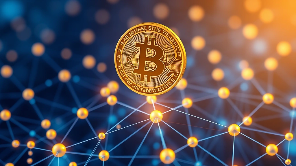 Photorealistic digital Bitcoin coin floating above a glowing network of interconnected nodes representing blockchain technology, with streams of data flowing between points, modern fintech aesthetic, blue and gold color palette