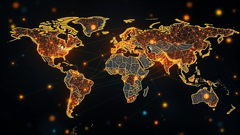 Global cryptocurrency network visualization showing Bitcoin blockchain nodes connected across world map with glowing data streams and peer-to-peer transaction flows spanning continents