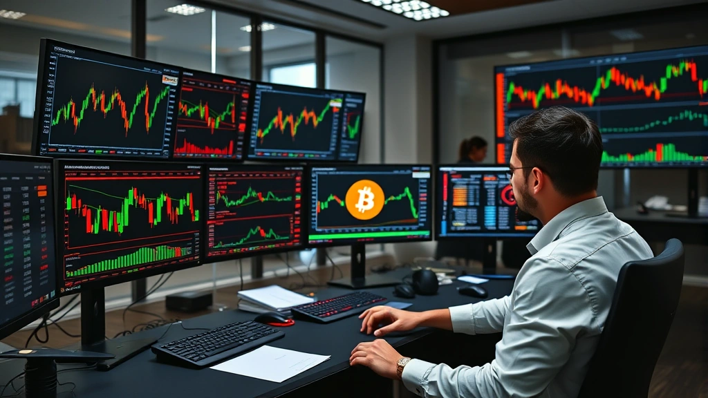 Professional trading desk with multiple monitors displaying cryptocurrency market data and price charts, traders analyzing Bitcoin trends, modern financial office environment, focused on screens and data visualization