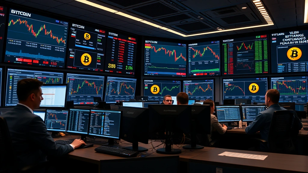 Modern cryptocurrency exchange trading floor with multiple monitors displaying live Bitcoin price feeds, order books, and volume analytics with professional traders monitoring market conditions
