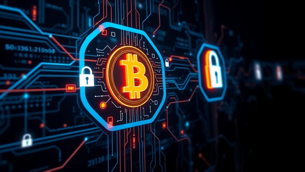 Futuristic visualization of Bitcoin network security, showing encrypted transactions flowing through digital infrastructure, padlock symbols and cryptographic elements, deep tech visualization, dark background with neon accents