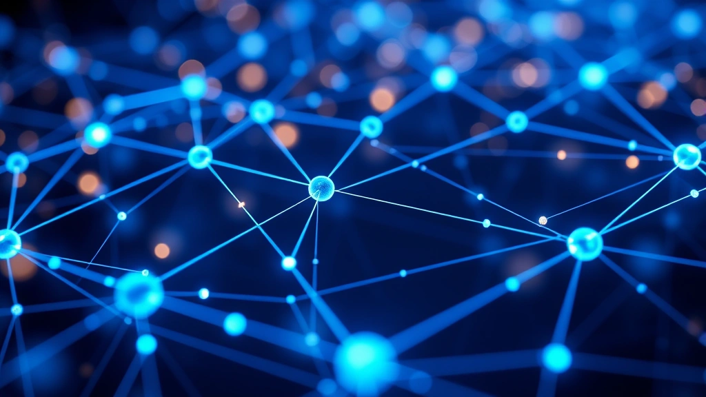 Close-up of blockchain network nodes with glowing blue connections, cryptocurrency data streams flowing through digital space, photorealistic 3D visualization of distributed ledger technology