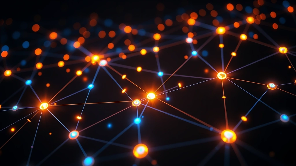 Digital blockchain network visualization with glowing nodes and connections, cryptocurrency data streams flowing through interconnected pathways, dark background with blue and orange accent lighting, abstract fintech technology concept, photorealistic rendering