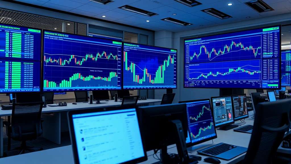 Photorealistic image of cryptocurrency trading screens and digital wallets displaying Bitcoin transactions in a modern fintech office environment with blue and green digital displays