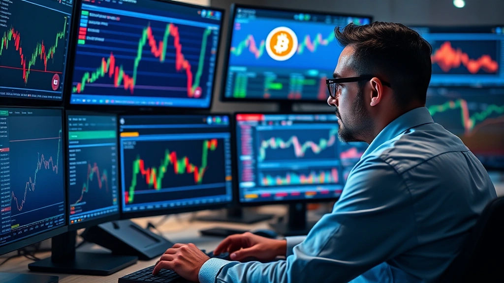 Trader analyzing cryptocurrency market data on multiple monitors showing Bitcoin charts and market indicators, professional trading desk environment with digital displays, focused investor reviewing technical analysis