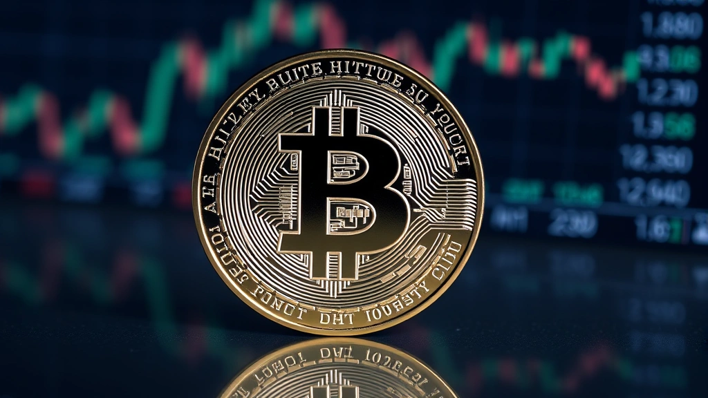 Bitcoin physical coin reflecting market charts and financial data in metallic surface, cryptocurrency exchange interface elements subtly visible in background, professional financial photography style, neutral background, realistic lighting and shadows
