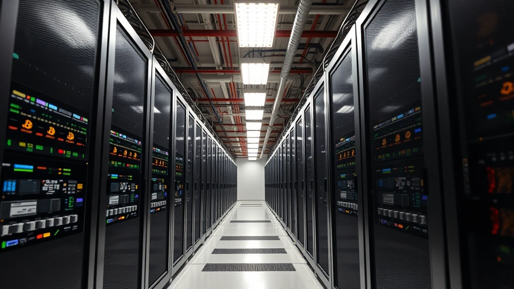 Bitcoin mining operation with rows of specialized computing equipment under industrial lighting, network servers processing blockchain transactions, high-tech cryptocurrency infrastructure facility