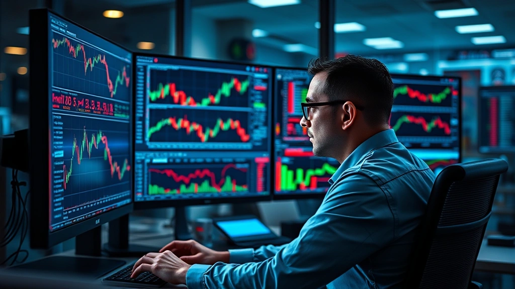 Cryptocurrency trader monitoring multiple price charts and market indicators on computer screens, focused professional analyzing data in modern fintech office, ambient lighting reflecting off glass surfaces, serious analytical atmosphere, high-quality photorealistic image