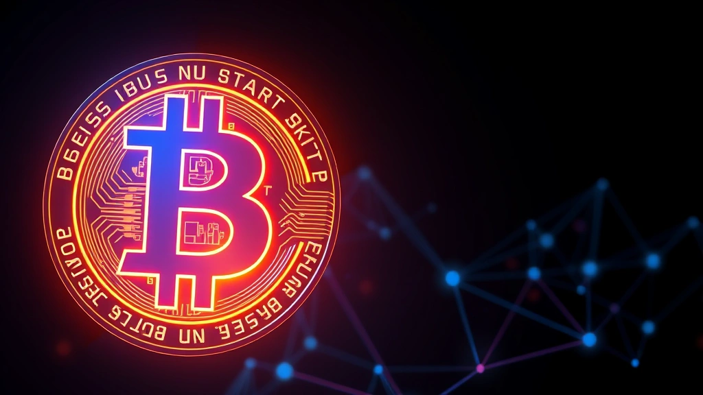 Digital Bitcoin cryptocurrency symbol glowing with blue and orange neon lights against dark gradient background, abstract blockchain network connections visible