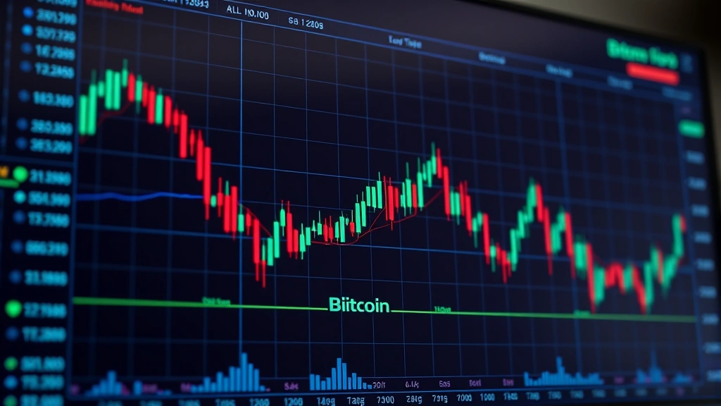 Photorealistic image of a digital cryptocurrency exchange interface displaying Bitcoin price charts and candlestick patterns, with blue and green colored data visualization elements on a dark professional trading screen, no text or ticker symbols visible