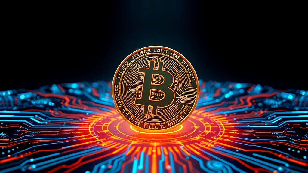 Futuristic digital Bitcoin coin floating above circuit board patterns with glowing blue and orange light rays, photorealistic 3D rendering, dark background with blockchain network nodes