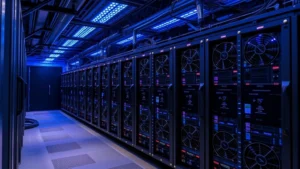 Photorealistic cryptocurrency mining operation with multiple ASIC miners in a secure facility, blue LED lights, industrial cooling systems, no text or charts visible