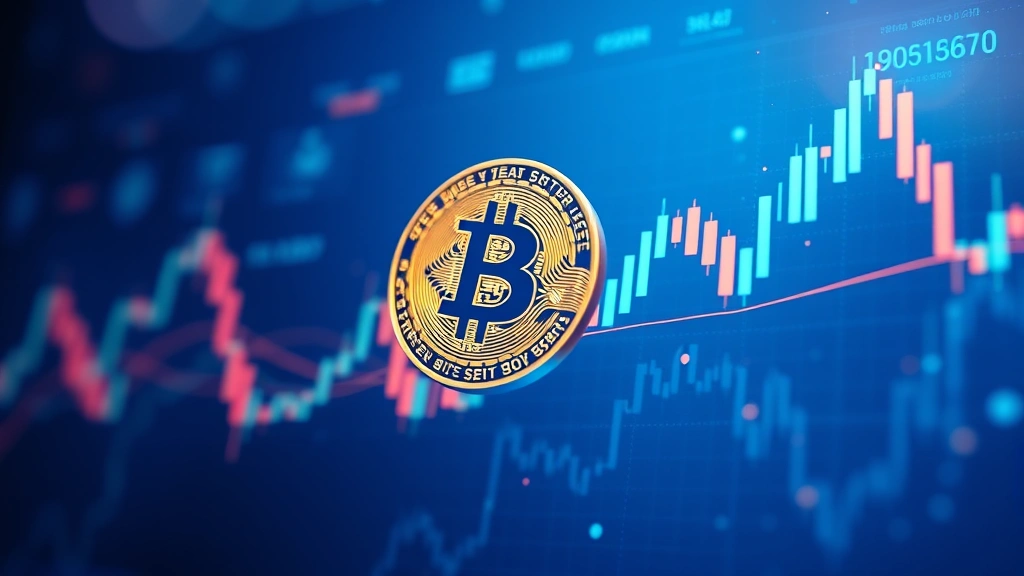 Digital Bitcoin coin floating above holographic trading chart showing candlestick patterns and price movements, vibrant blue and gold colors, futuristic financial technology aesthetic, cryptocurrency market visualization, no text or numbers visible