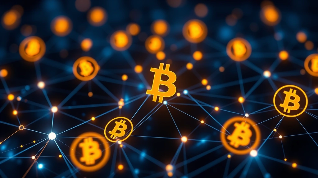 Photorealistic image of cryptocurrency blockchain network nodes glowing with digital connections, abstract Bitcoin symbols floating in digital space, dark blue and gold color palette, no text or numbers visible