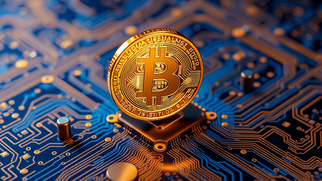 Photorealistic image of glowing Bitcoin coin hovering above circuit board patterns with blue and gold colors, representing digital currency technology and blockchain innovation