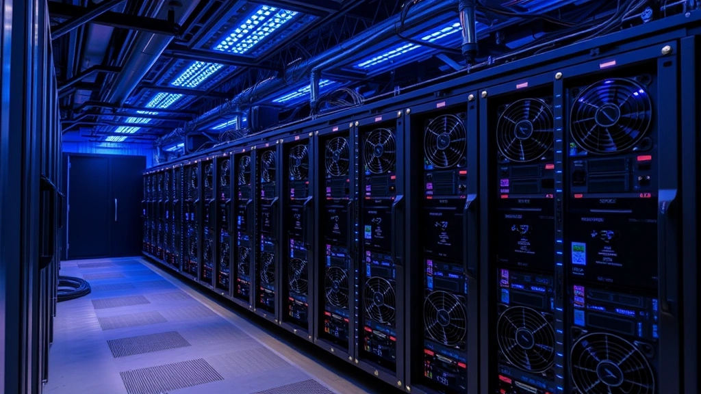 Photorealistic cryptocurrency mining operation with multiple ASIC miners in a secure facility, blue LED lights, industrial cooling systems, no text or charts visible