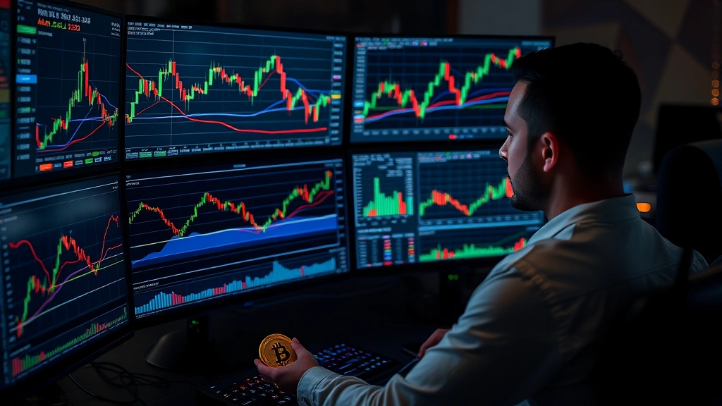 Professional cryptocurrency trader analyzing multiple price charts on high-resolution monitors displaying Bitcoin candlestick patterns and technical indicators