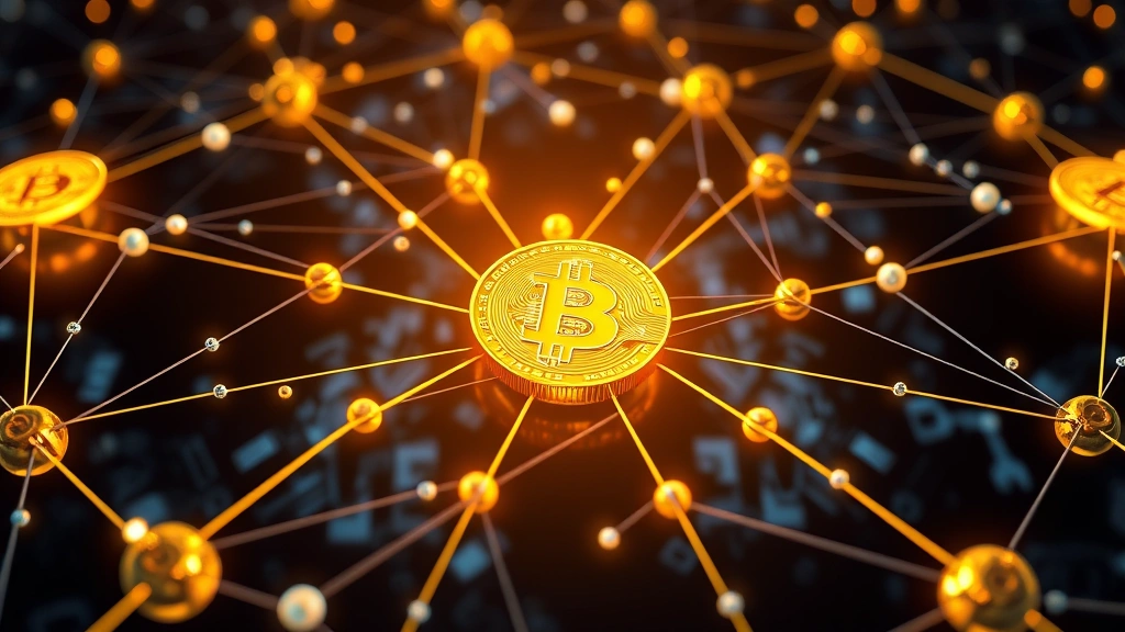 Photorealistic visualization of blockchain network nodes and connections forming a distributed ledger structure with Bitcoin coins integrated throughout the network topology, showing interconnected technology infrastructure, no labels or text