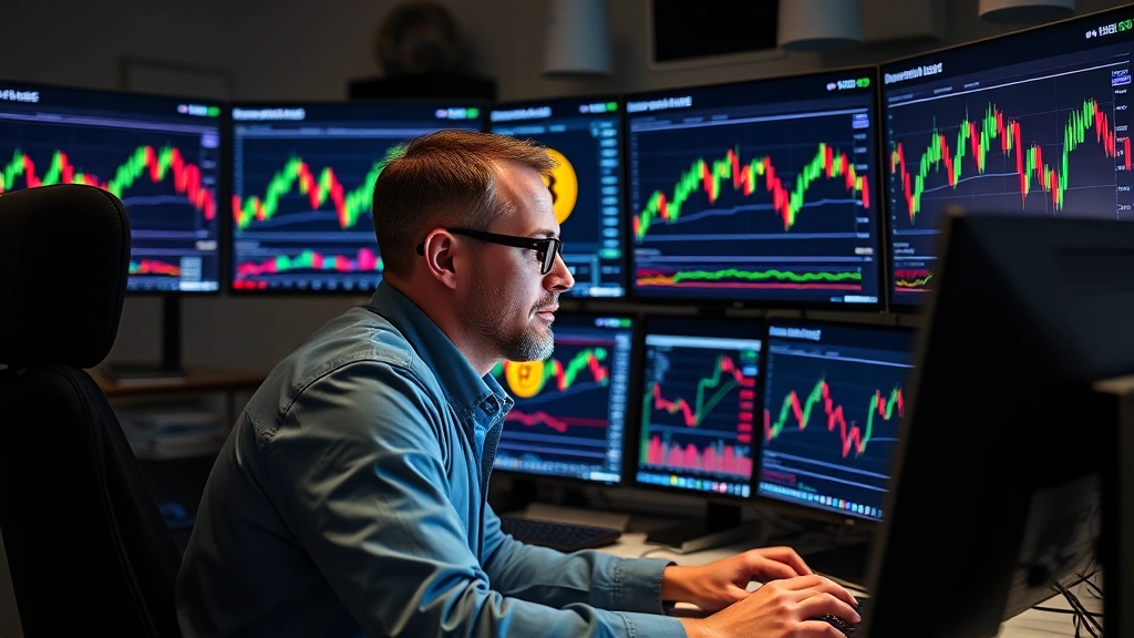 Professional cryptocurrency trader monitoring multiple screens displaying live Bitcoin price charts and candlestick patterns, focused expression, modern trading desk with Bloomberg terminals aesthetic