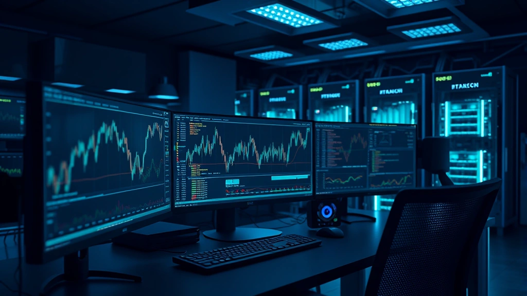 Modern cryptocurrency trading desk setup with multiple monitors displaying blockchain network activity, Bitcoin mining operation in background with glowing computer equipment, professional fintech environment, deep blues and teals, photorealistic lighting
