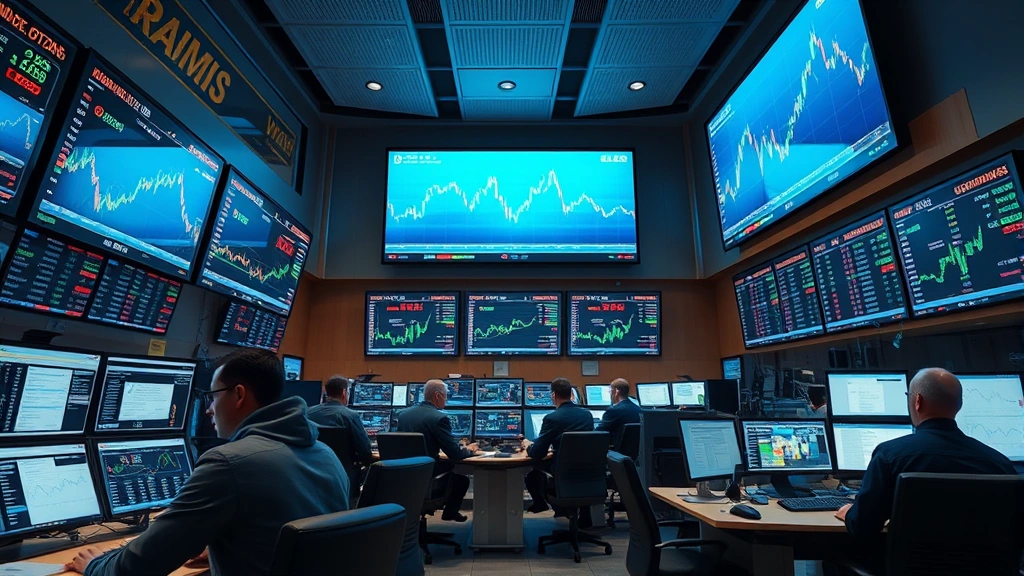 Realistic depiction of a modern cryptocurrency trading floor with multiple digital displays showing market data, traders analyzing charts, high-tech environment with blockchain visualizations, professional financial setting, no visible ticker symbols or exchange screens
