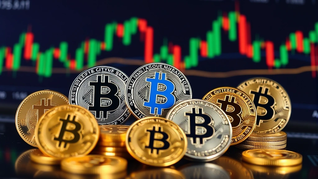 Photorealistic image of multiple cryptocurrency coins arranged on a digital trading interface with candlestick chart backgrounds, representing portfolio diversification and market analysis