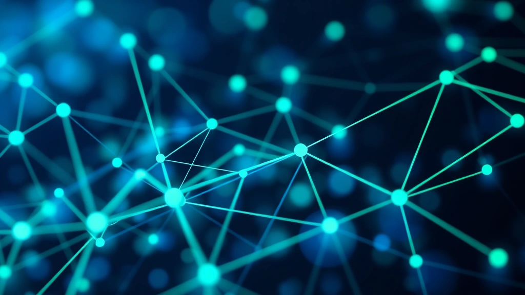 Close-up of digital blockchain network visualization showing interconnected nodes and data flow in blue and green tones, abstract technology background, no readable text