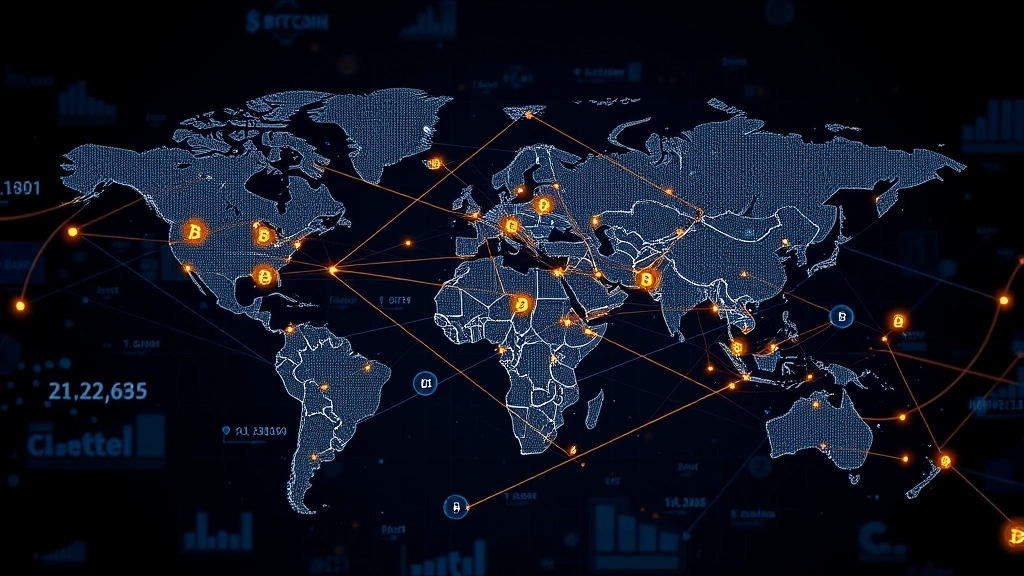 Global financial network visualization showing interconnected exchanges and trading nodes with flowing data streams representing Bitcoin market activity