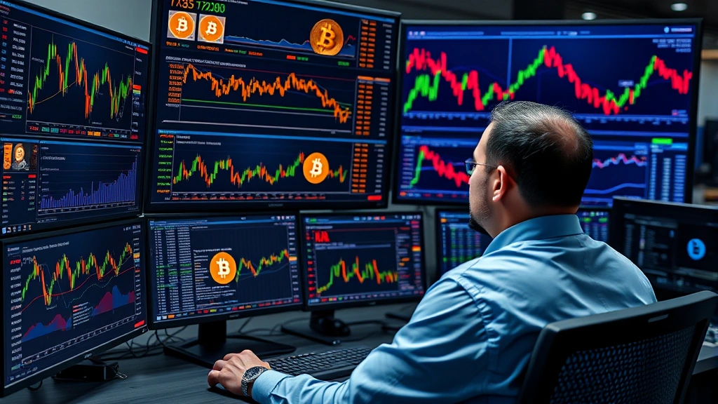 Photorealistic image of a trader analyzing Bitcoin market data on multiple high-resolution monitors displaying price movements and market trends, professional workspace environment with financial analysis tools visible, no readable text on screens