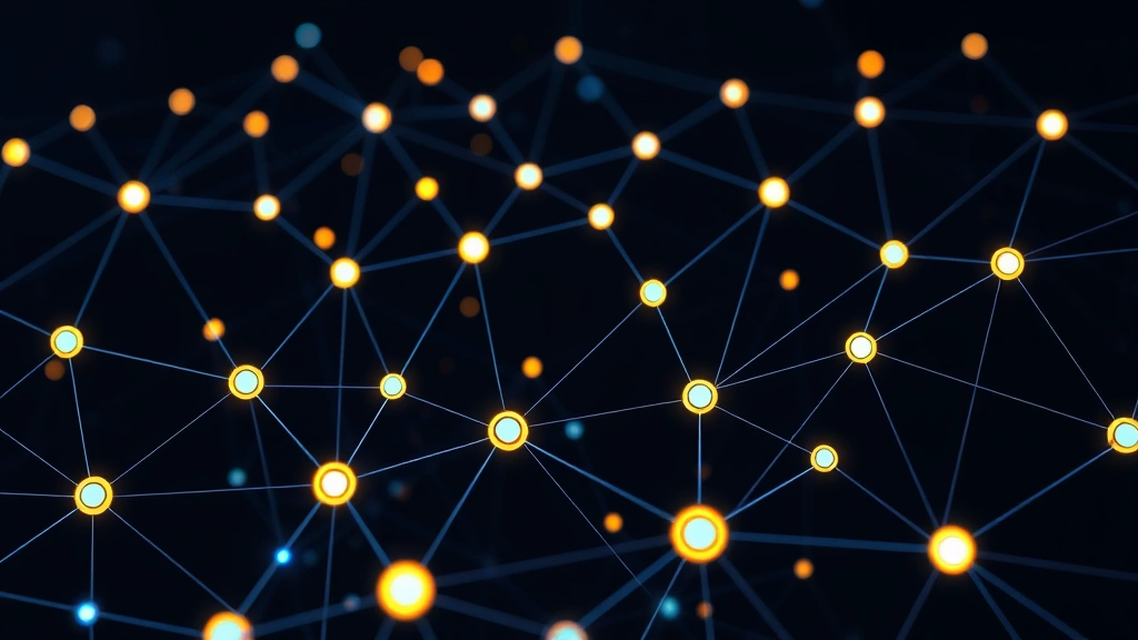 Blockchain network visualization showing interconnected nodes and data flows, representing Bitcoin's decentralized network security and transaction processing, glowing nodes against dark background