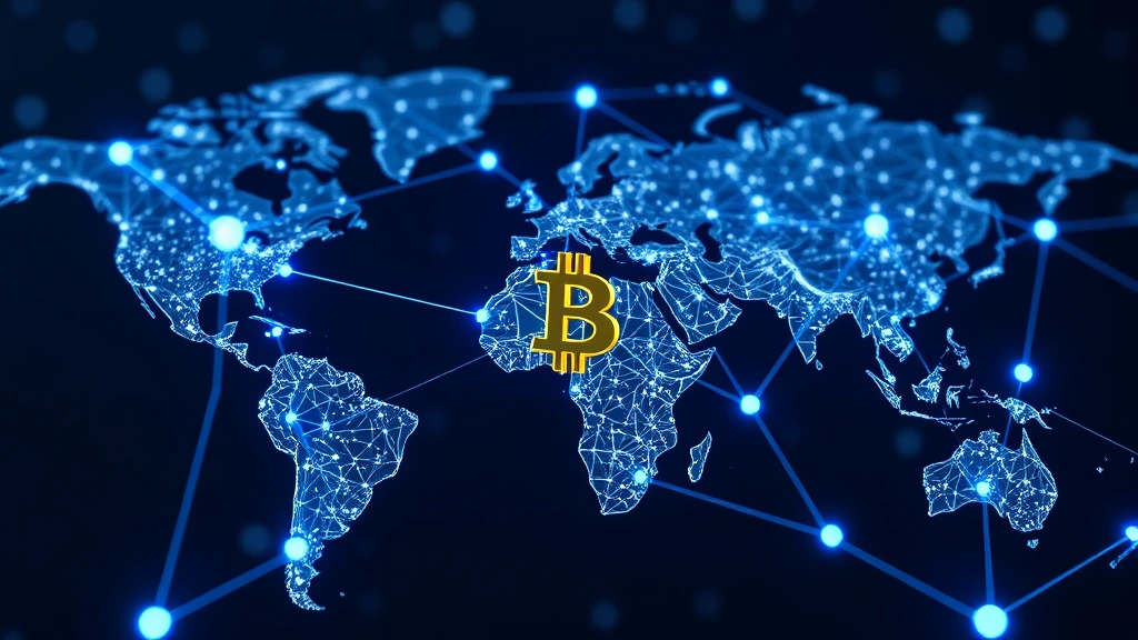 Interconnected global network nodes representing Bitcoin blockchain, glowing digital pathways connecting financial hubs worldwide, abstract representation of decentralized cryptocurrency system, metallic silver and electric blue colors, no text elements